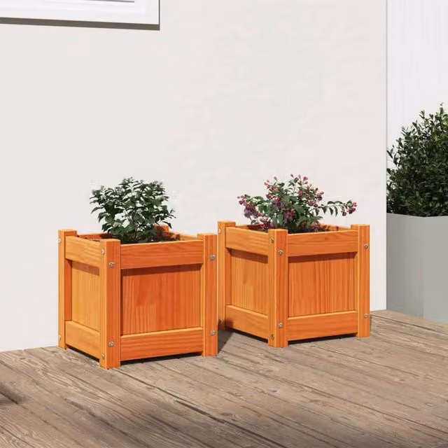 Berkfield Home Set of 2 Wax Brown Solid Wood Pine Garden Planter Tubs – 1