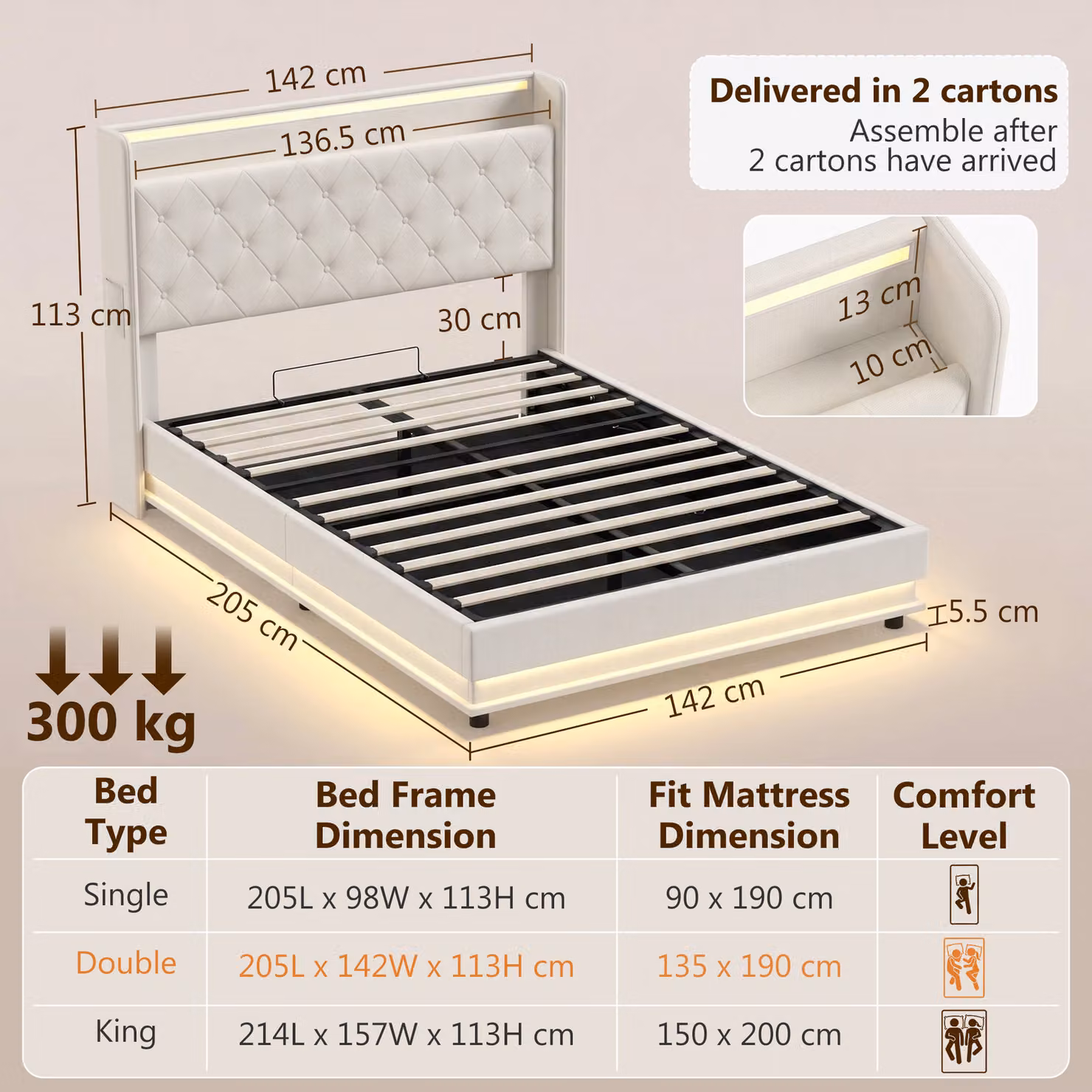 HOMCOM Double Bed Frame with Hydraulic Storage, LED Under-Bed Lighting, USB Charging Port and Headboard, Cream/Beige, 140 x 200 cm – 3
