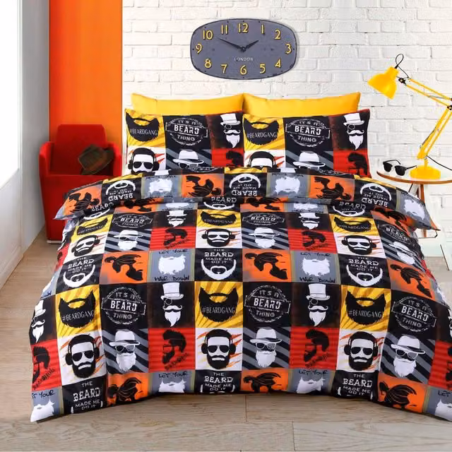Velosso Graphic Reversible Duvet Set and Pillowcase in Black and Multicolour, W: 180 cm, L: 200 cm
