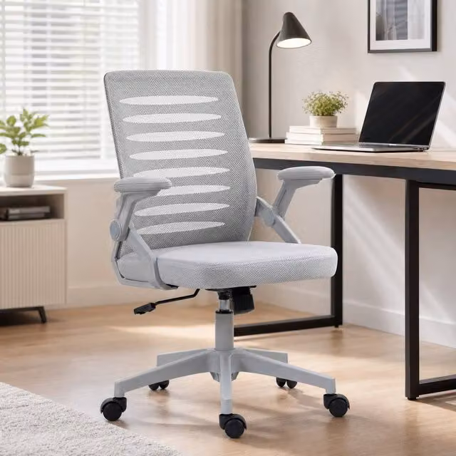 STILVORA Grey Mesh Task Chair with Flip-up Armrests and Swivel Function