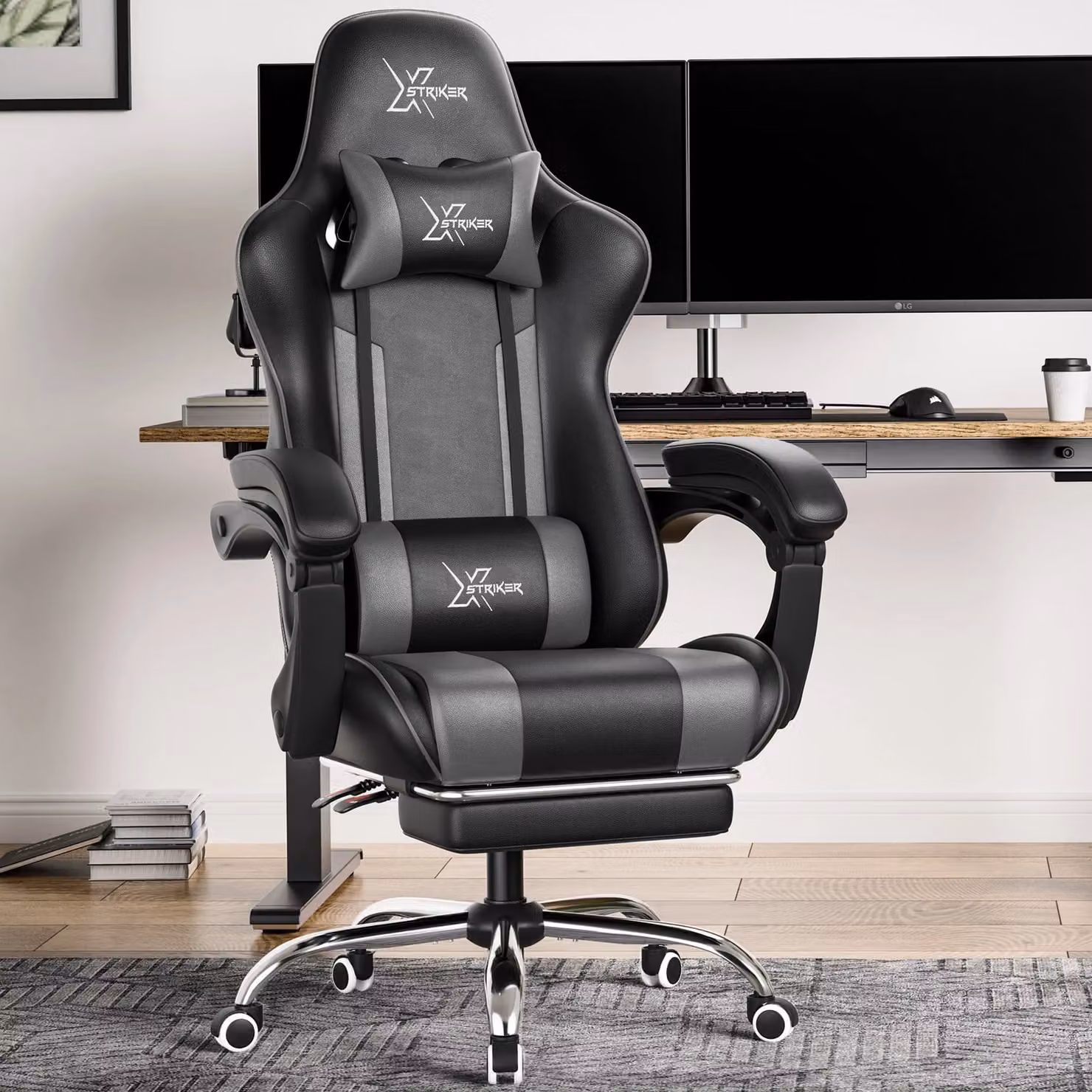 Xstriker Grey Gaming Chair with Footrest and Headrest in Synthetic Leather