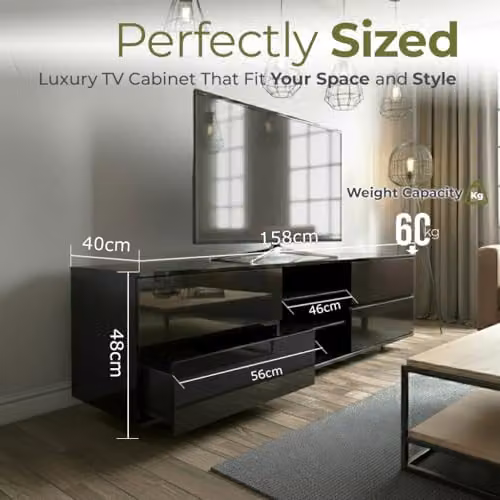 Centurion Avitus Gloss Black TV Cabinet with 4 Drawers and 3 Shelves for 32-65 inch Screens W/D/H: 158 x 40 x 48 cm – 8