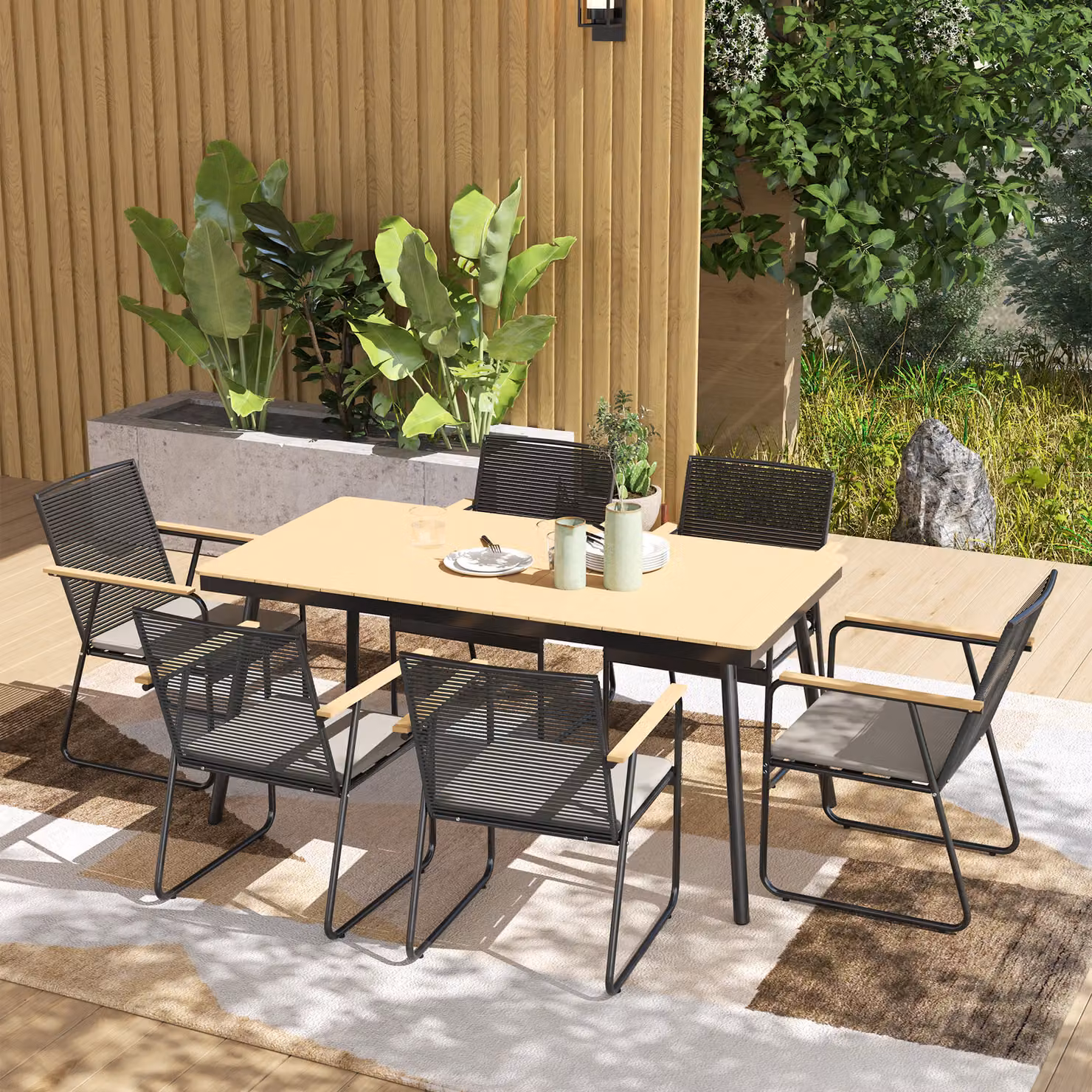 Outsunny 6 Seater Garden Dining Set in Brown with Rattan Backrests and Rectangular Composite Table – 2