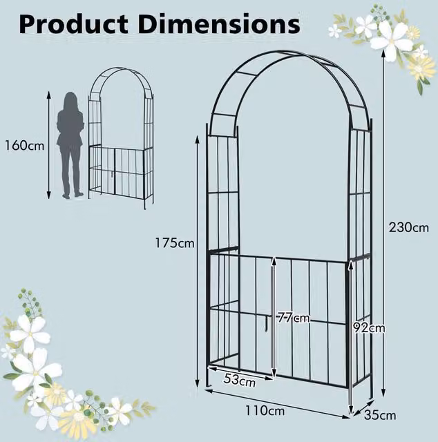 Gymax Black Metal Tall Arbour Archway Garden Trellis with Gate and Plant Stand, Height: 230 cm