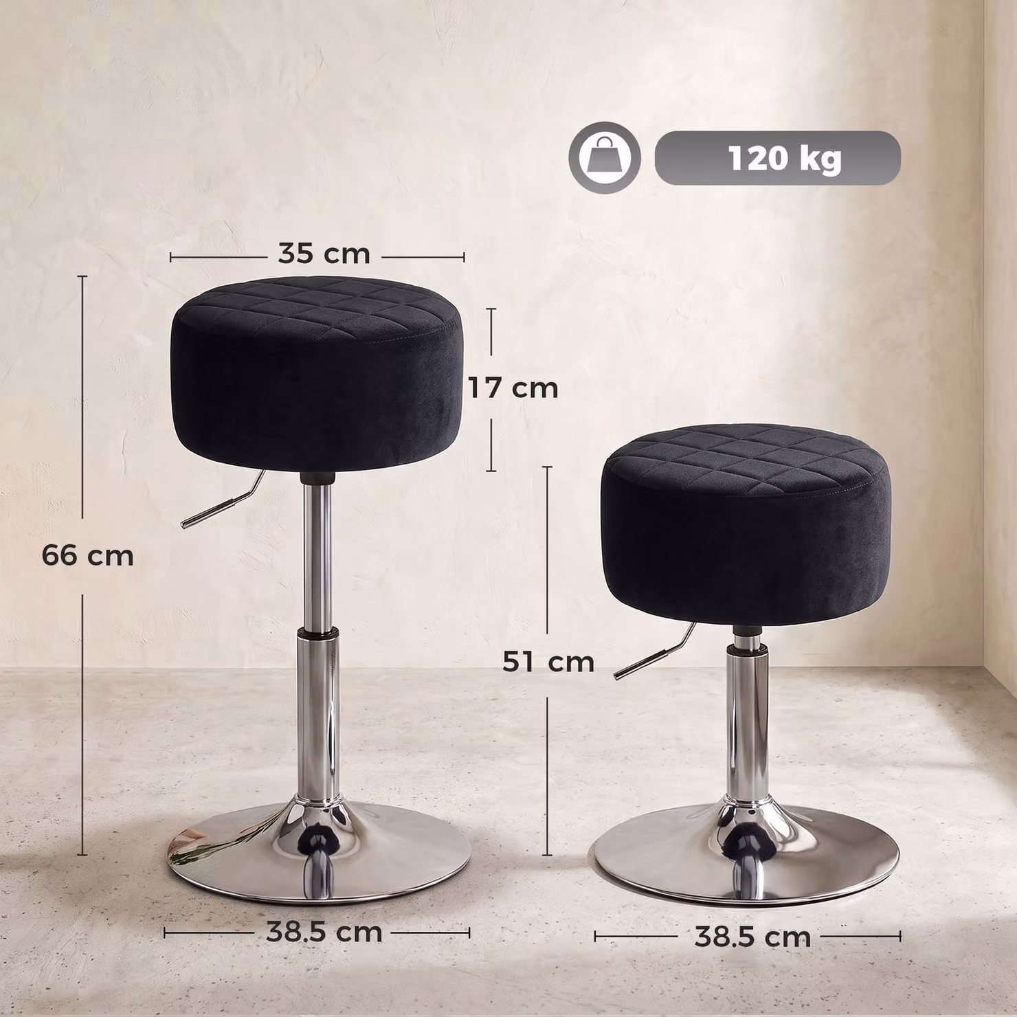 HOMCOM Adjustable Swivel Bar Stool with Black Velvet-feel Seat and Metal Base – 3