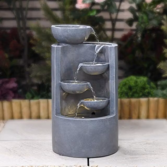 Serenity Modern Round Four Bowl Cascading Tabletop Water Feature with LED Lights in Grey Stone