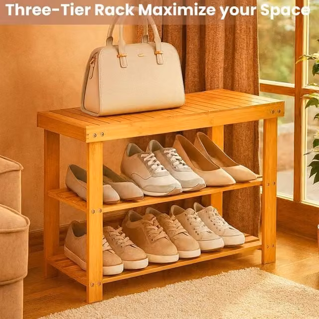 EONLION Brown Bamboo Shoe Storage Rack, W/D/H: 90 x 27 x 42 cm