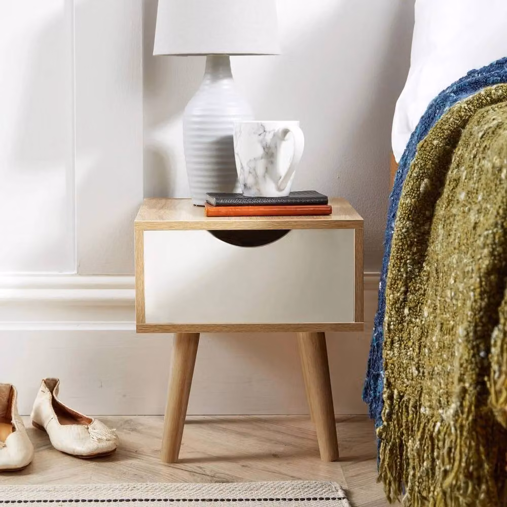 FORGEVIO Oak Bedside Cabinet with 1 Drawer and Solid Wood Legs in Brown and White – 2