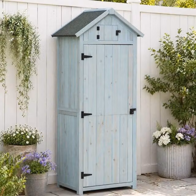 STILVORA Freestanding Lacquered Wood Garden Storage Cabinet in Blue with Internal Shelves and Lock – 1