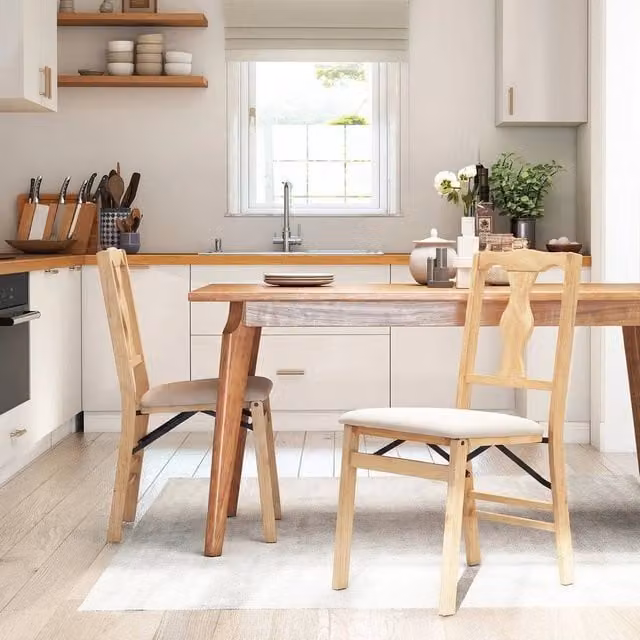 EONLION Set of 2 Folding Dining Chairs in Natural Rubberwood with Beige Fabric, Height: 100 cm