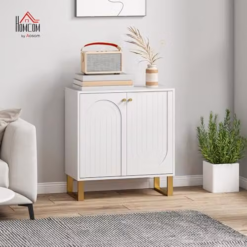 HOMCOM Modern White and Gold Sideboard with 2 Doors and Adjustable Shelves, W/D/H: 77.5 x 35.0 x 72.5 cm – 2