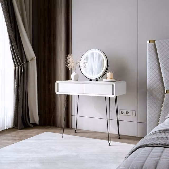 CARME HOME Piper White Dressing Table with Riley Black LED Mirror – 1