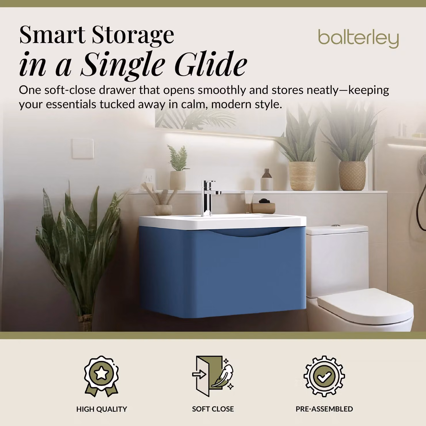 Balterley Wall Hung 1 Drawer Bathroom Vanity Unit and Basin, Satin Blue – 2