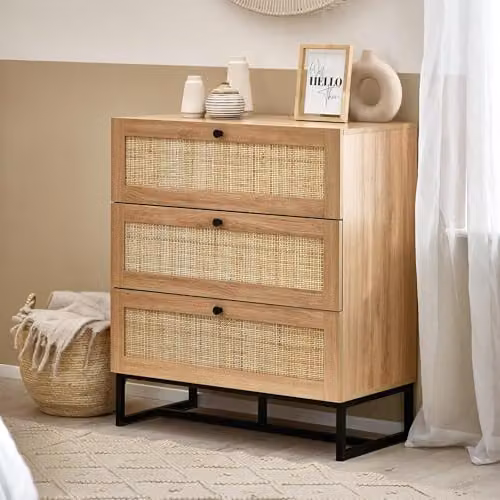 Julian Bowen Padstow 3 Drawer Chest in Oak and Rattan, Brown, W/D/H: 80 x 40 x 90 cm – 1