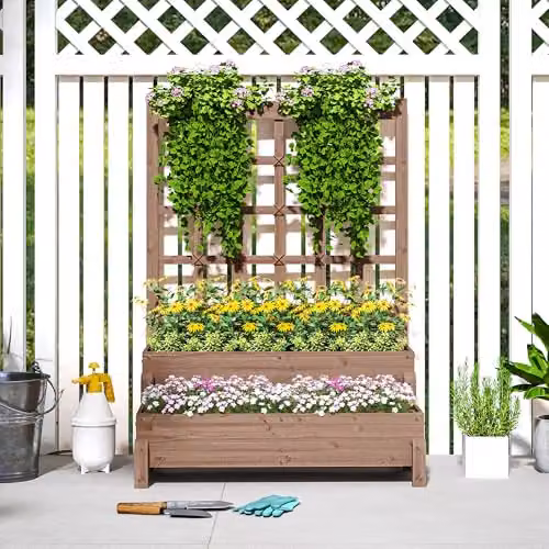 Outsunny 2-Tier Wooden Raised Garden Bed with Trellis, Brown, W/D/H: 121 x 88 x 66 cm – 6
