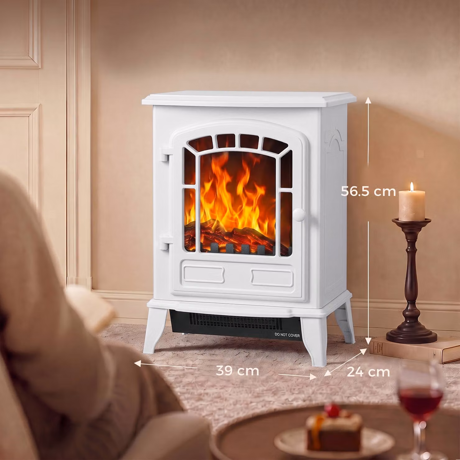 HOMCOM White Freestanding Electric Fireplace Stove with LED Flame Effect and Adjustable Thermostat, 2000W – 3