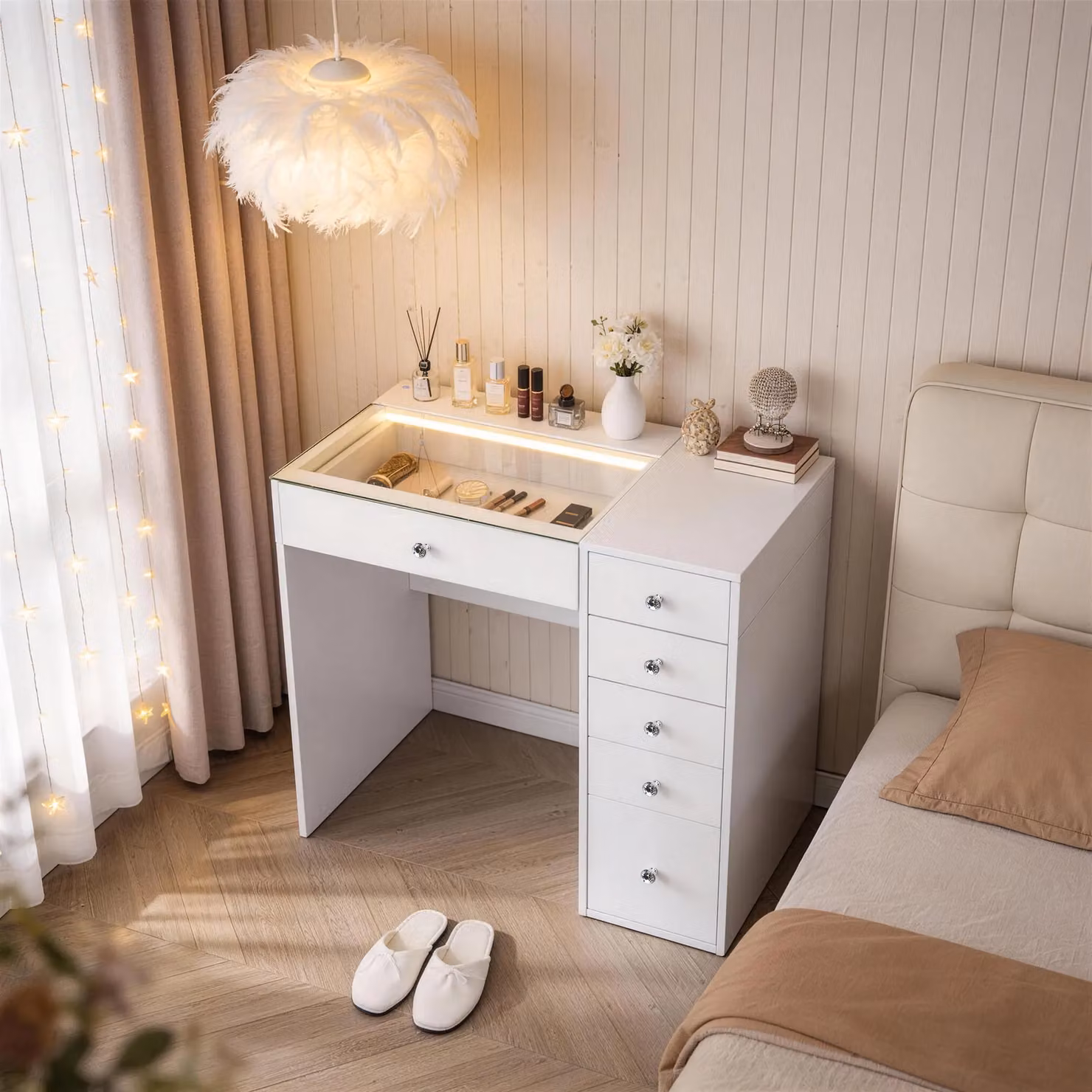 FENCHILIN 6-Drawer Vanity Dressing Table with LED Lights, White, W/D/H: 92 x 55 x 81 cm – 2