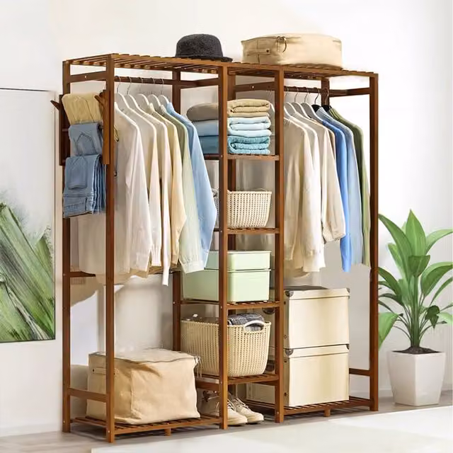 Komore Modern Wooden Clothes Rail and Dual Hook Matrix in Brown