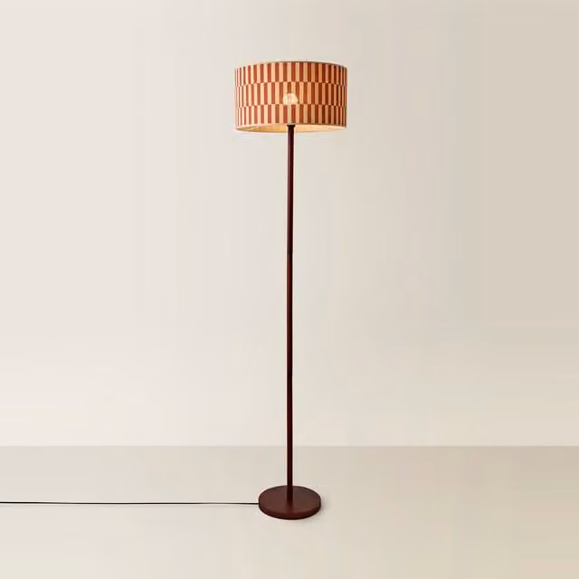 ValueLights Heather Floor Lamp with Brown Wood Base and Orange Checkerboard Bamboo Shade