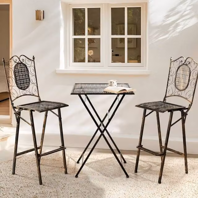 Wyld and Coco Vintage Foldable Garden Bar Table for Two in Black Metal, H 90 cm x W 60 cm x D 60 cm