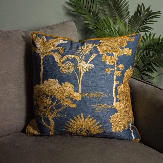 Paoletti Arboretum World Trees Embroidered Velvet Cushion in Blue and Gold, W/D/H: 50 x 50 x 50 cm – 3