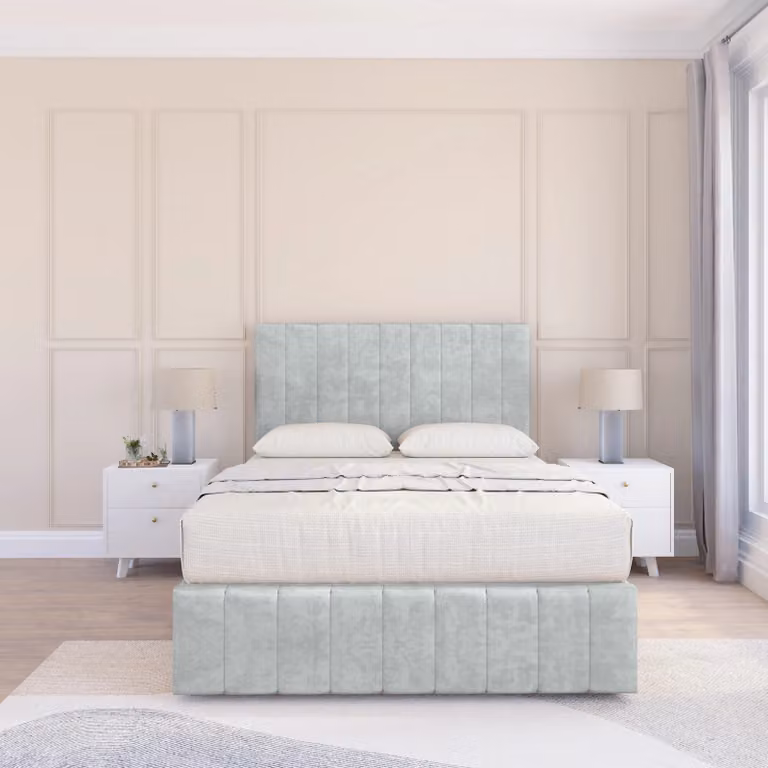 Sloomy California Divan Bed Base in Silver Velvet with 54 inch Floor Standing Headboard, W/D/H: 120 x 200 cm