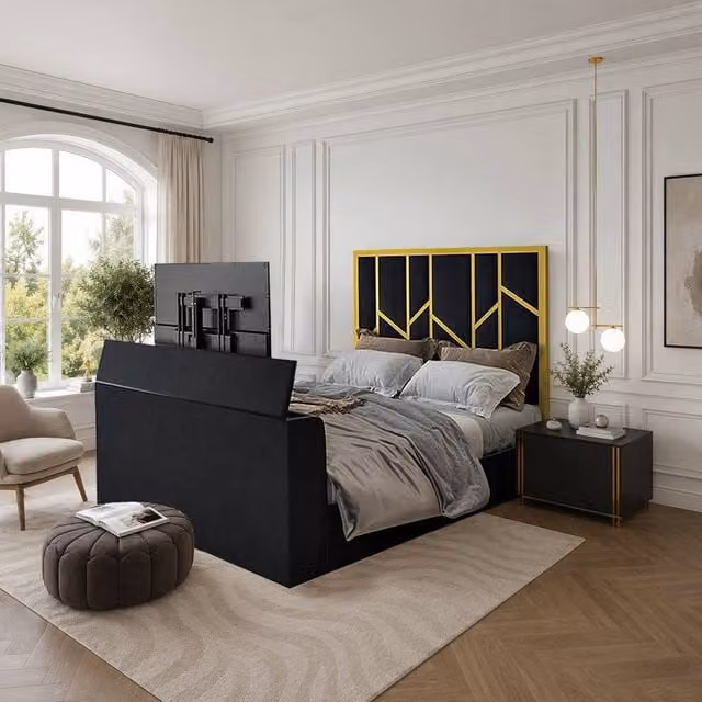 KDMD Aldingbourne Luxe Super King Upholstered Television Bed Frame in Gold and Black Velvet – 1