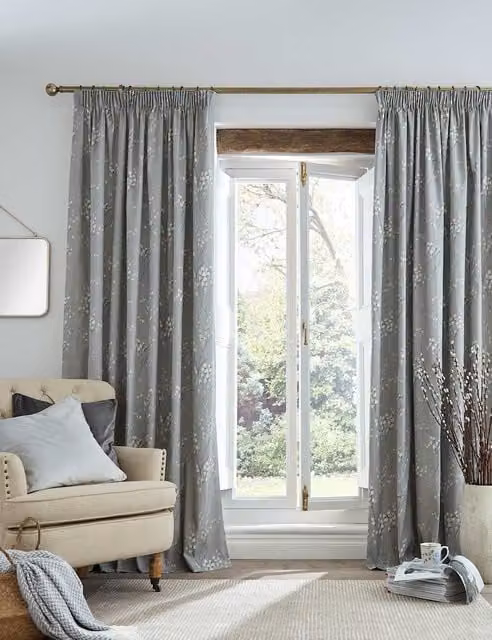 Laura Ashley Pussy Willow Floral Pure Cotton Pencil Pleat Thermal Insulating Curtains, Grey, H: 168 cm, W: 137 cm