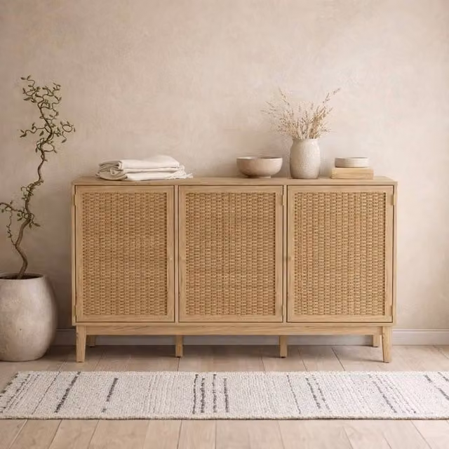 Wyld Haus Waterford Large 3-Door Sideboard in Natural Oak and Rattan – 1