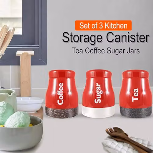 ATEK Set of 3 Glass Kitchen Storage Canisters with Screw Lids, Red and White Multipurpose Tea, Coffee and Sugar Jars – 3