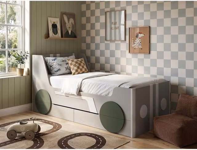 Flair Upholstered Childrens Single Car Bed with Drawers in Grey, Beige and Green, W/D/H: 90 x 190 cm