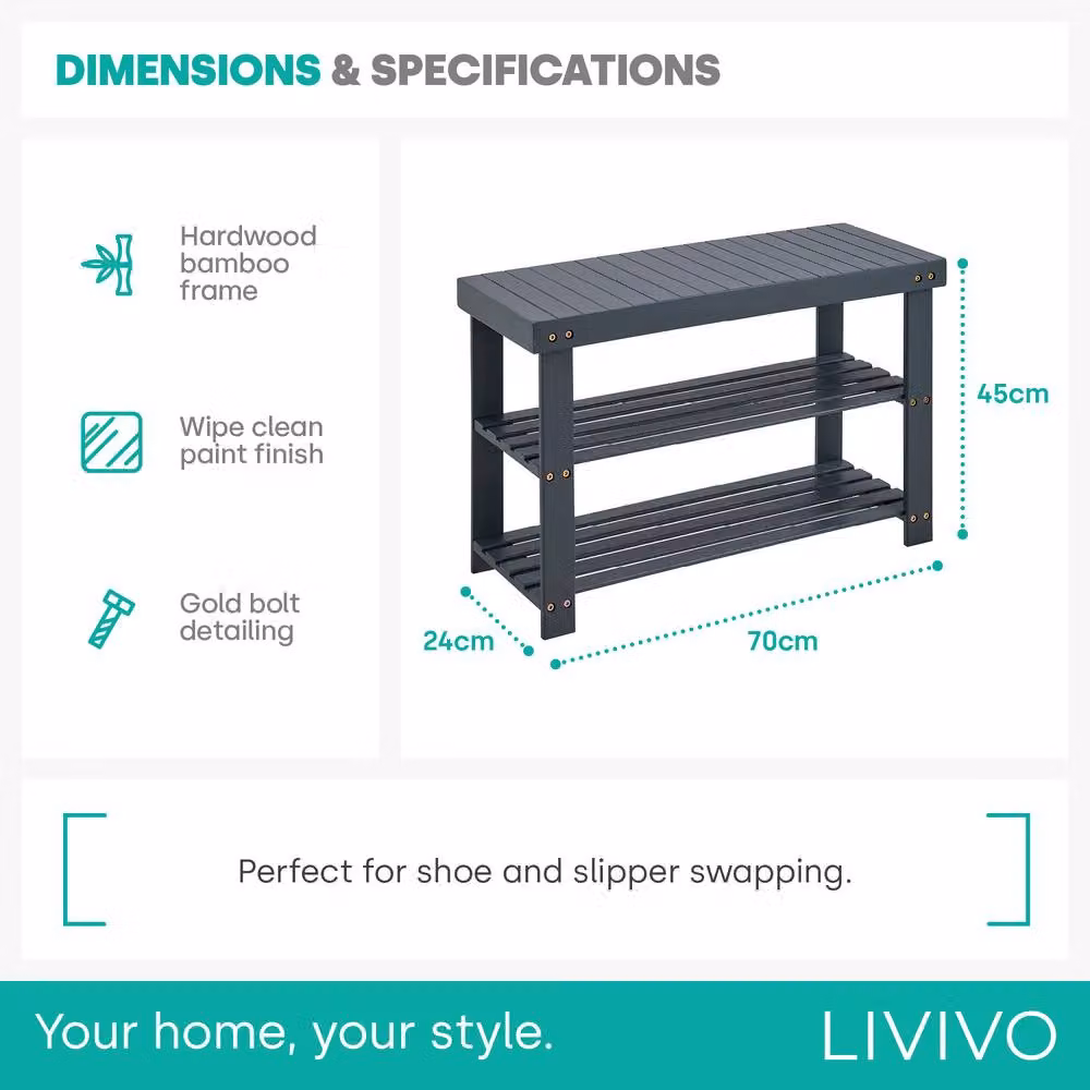 LIVIVO Bamboo Two Tier Shoe Rack and Storage Bench in Grey, W/D/H: 100 x 24 x 45 cm – 4