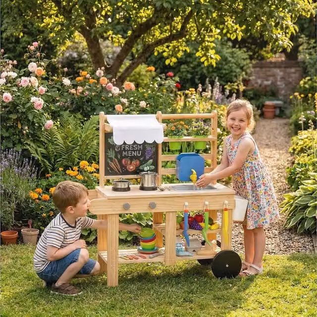 AIYAPLAY Mud Kitchen with Real Water Faucet in Natural Wood Finish