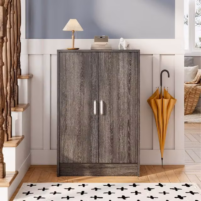 Livingandhome Modern Grey Wooden Shoe Cabinet with Hinged Doors and Internal Shelves