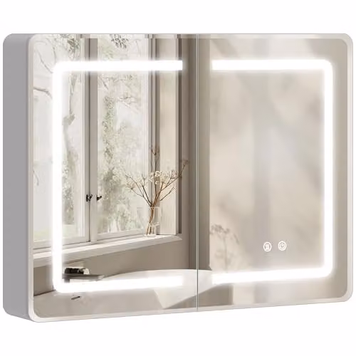 HOMCOM Silver LED Bathroom Mirror Cabinet with Anti-Fog Function and Sensor Switch, W: 60 cm, H: 80 cm, D: 13.5 cm – 1
