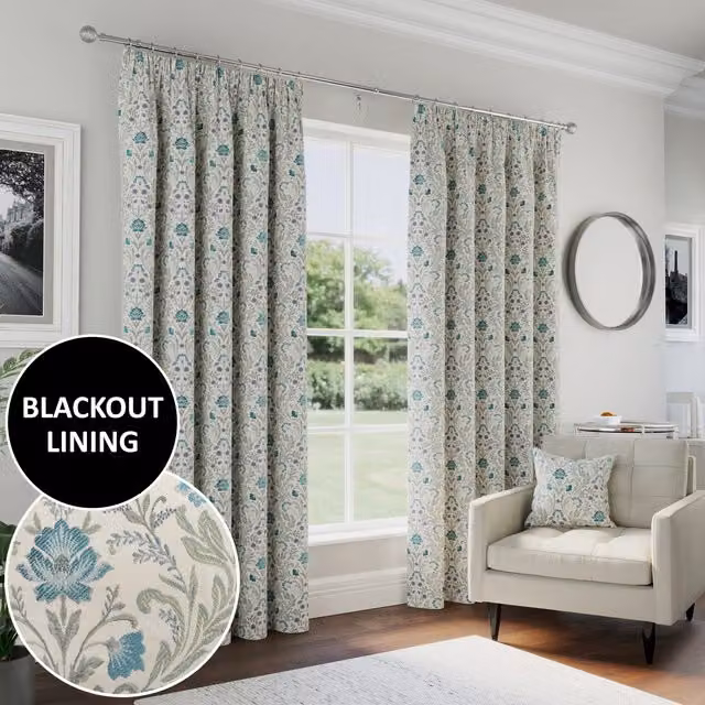 Enhanced Living Floral Blackout Pencil Pleat Linen Curtains in Blue and Red, Height: 229 cm, Width: 165 cm