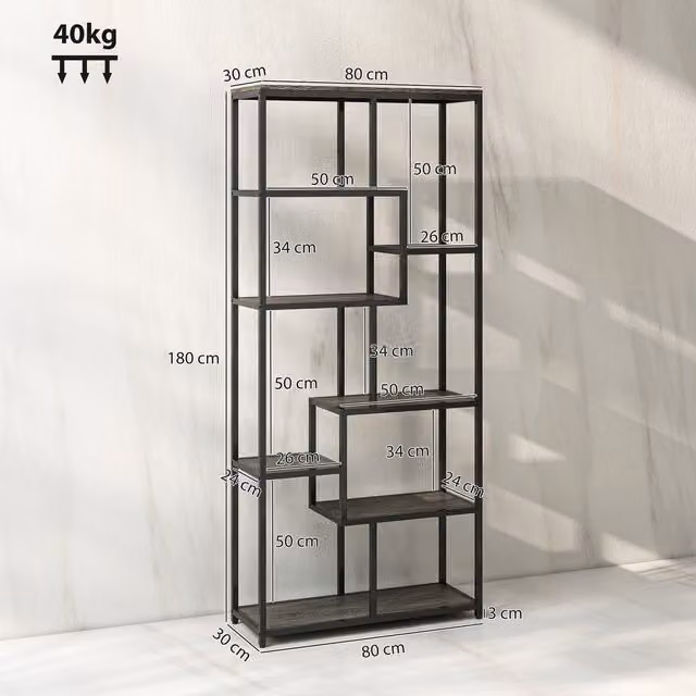 HOMCOM 7 Tier Geometric Metal Bookshelf in Grey