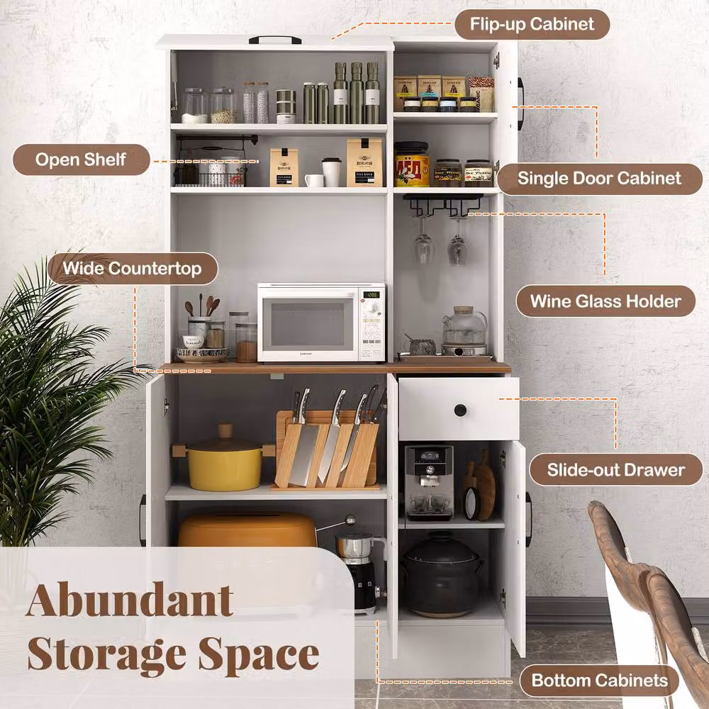 Costway White Wooden Tall Pantry Cabinet with Hutch and Glass Kitchen Buffet Cupboard – 3