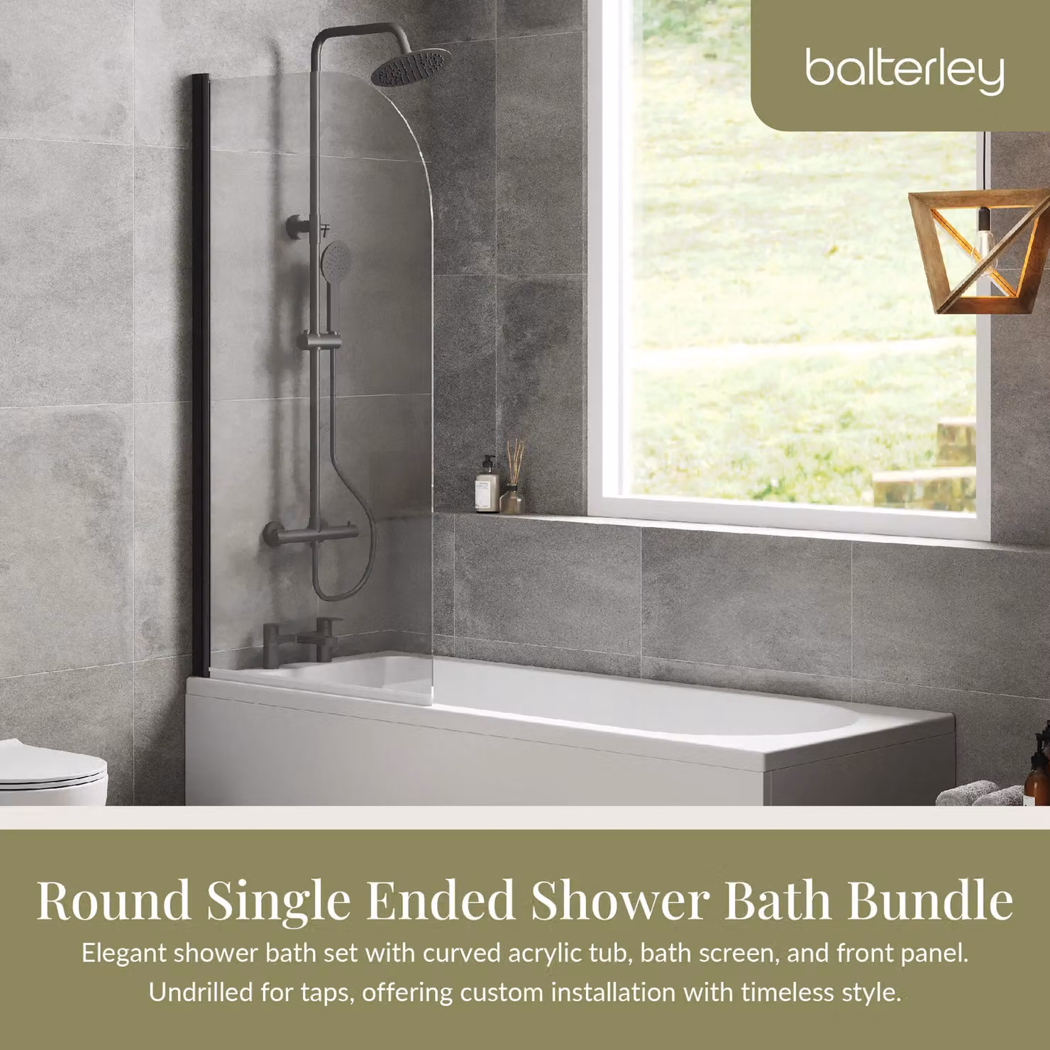 Balterley Round Shower Bath Set with Panel and Round Glass Screen, White, W: 170 cm, D: 70 cm – 2