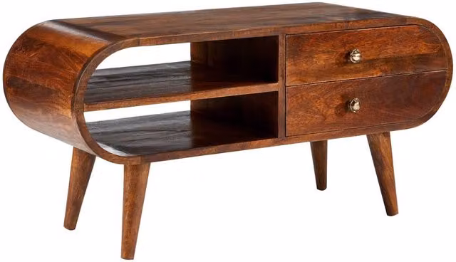 Elm Home and Garden Solid Mango Wood Oval TV Media Unit in Dark Brown, W/D/H: 90 x 35 x 45 cm