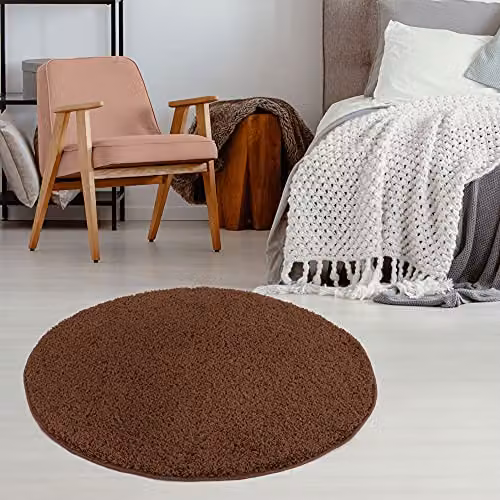 THE RUGS Brown Plain Shaggy Round Rug, Diameter: 120 cm – 2
