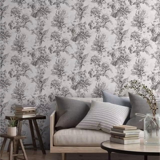 Muriva Botanical Floral Leaves Vintage Sketch Effect Wallpaper in Black, White and Grey