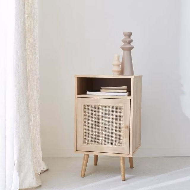 sweeek Scandinavian Style Bedside Table with Rattan Drawer in Light Brown