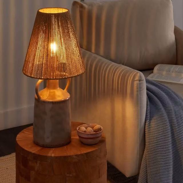 Wyld and Coco Taupe Ceramic Table Lamp with Beige Paper Rope Cone Shade, W/D/H: 24 x 24 x 51 cm – 1