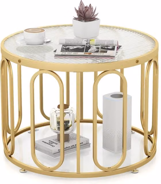 COSTWAY 2-Tier Round Gold Accent Coffee Table with Glass and Metal Tiers, Diameter: 60 cm