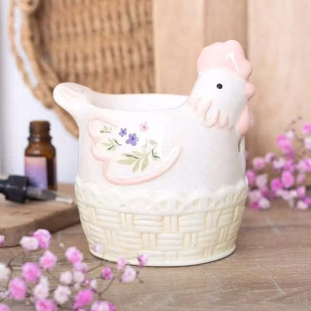 Uniqueful Hen Shaped Ceramic Oil Burner and Wax Warmer with Floral Design in Pink, White and Multicolour – 1