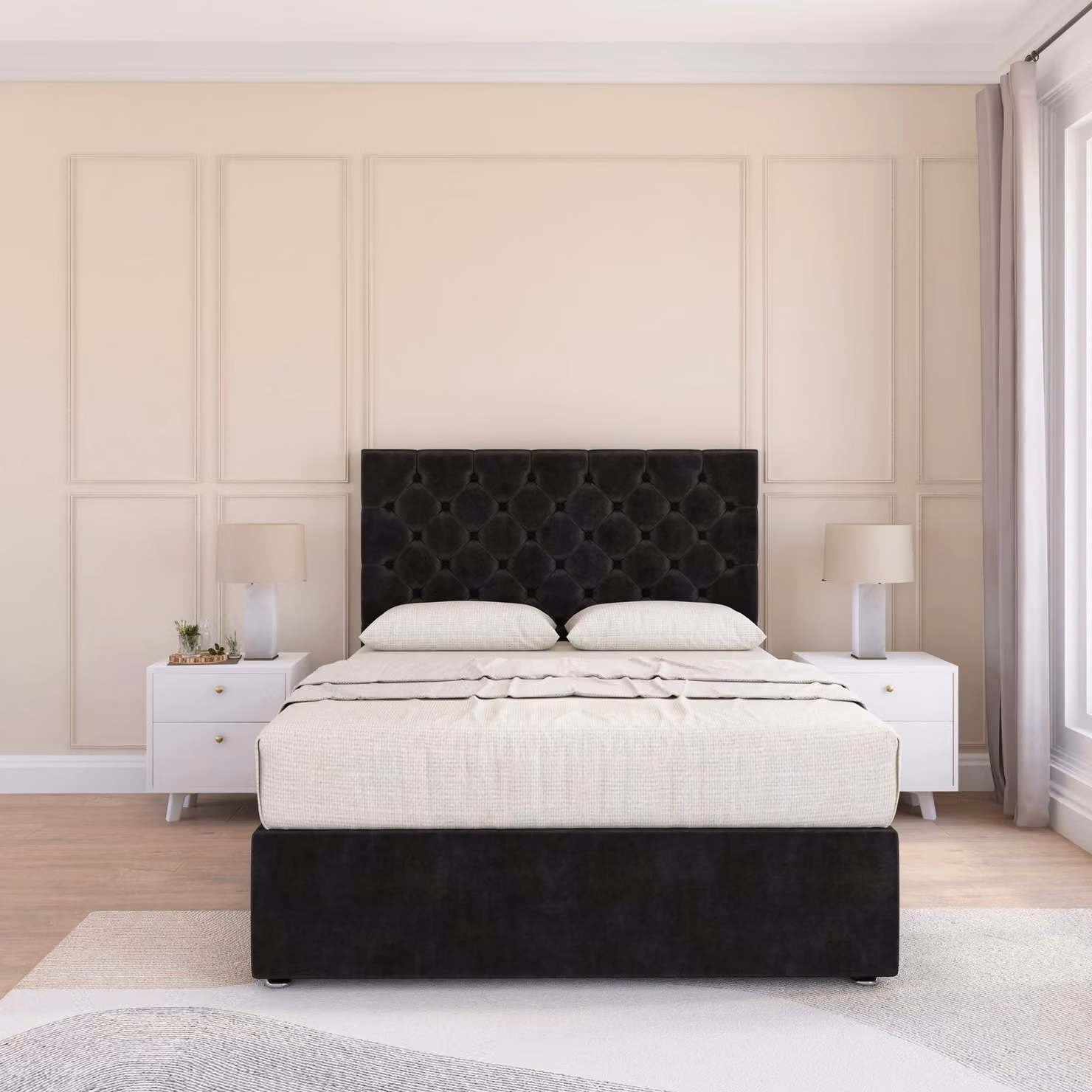 Sloomy Mayfair Small Double Divan Bed Base and Chesterfield Floor Standing Headboard in Black Velvet, W/D/H: 120 x 200 cm