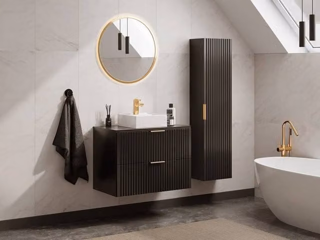 Vente-unique Modern Wall-Mounted Ribbed Bathroom Unit with Ceramic Basin and Tall Cabinet in Black and White, W/D/H: 80 x 57 x 46 cm – 1