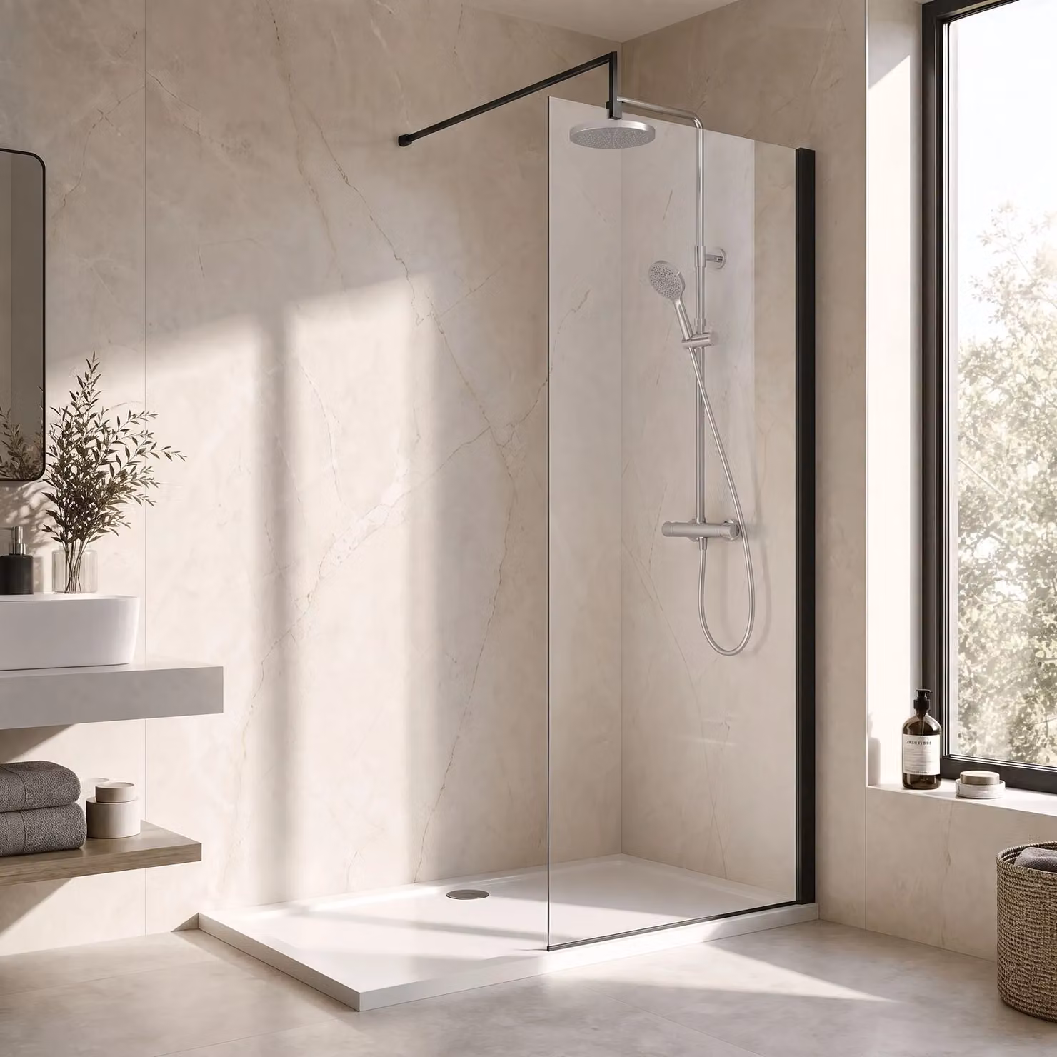 Balterley 8mm Frameless Single Panel Wetroom Screen and Support Bar in Black, W: 90 cm, H: 185 cm – 2