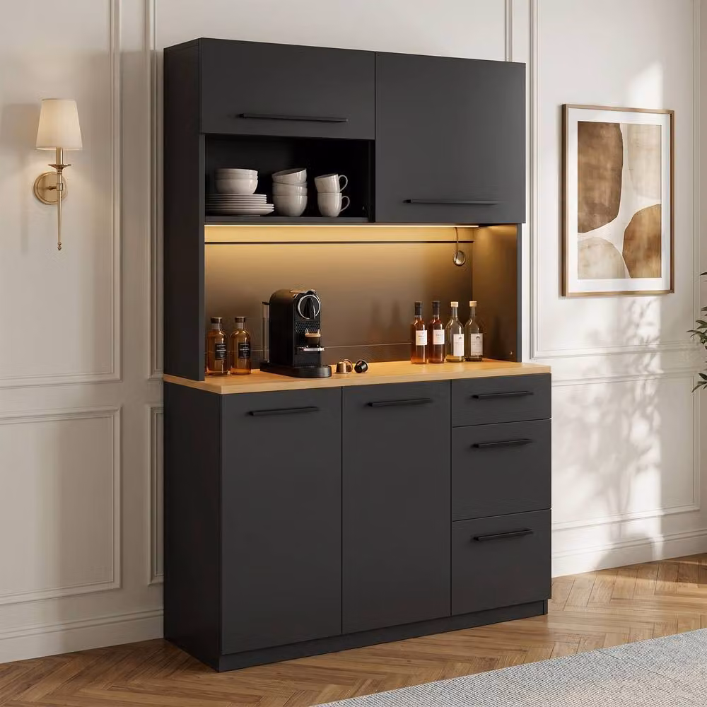 Merax Modern Tall Kitchen Storage Cabinet in Black with Integrated LED Lighting and Glass Doors, H 180 x W 40 x D 60.2 cm – 2